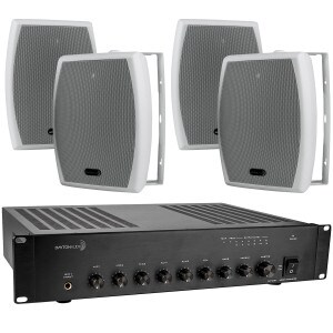 Dayton Audio DA120R 120W 70V Rack Mixer-Amplifier - (4) 6-1/2" White 2-Way Indoor/Outdoor Speakers